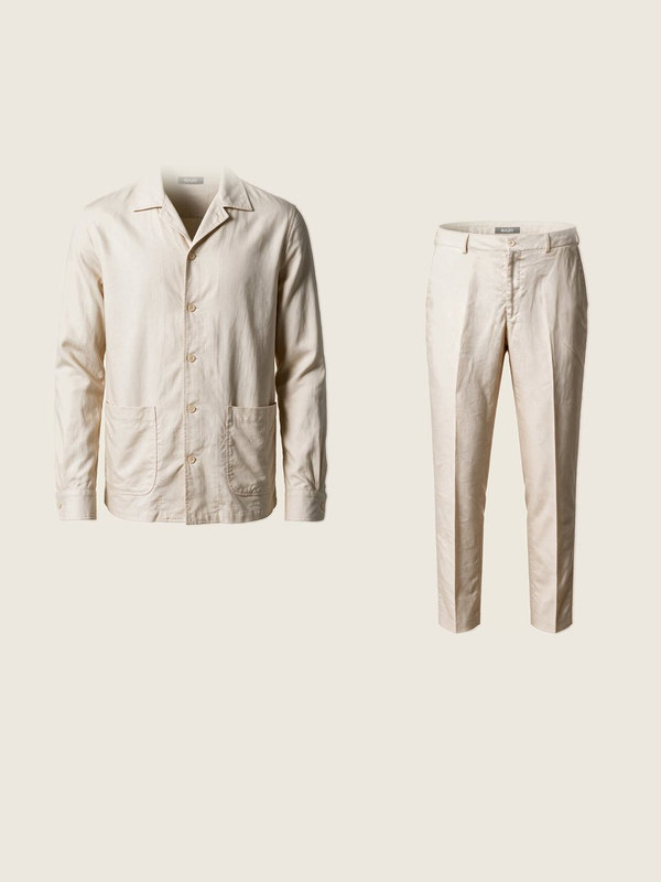 A matching set: a cream linen overshirt beside trousers in the same cloth.