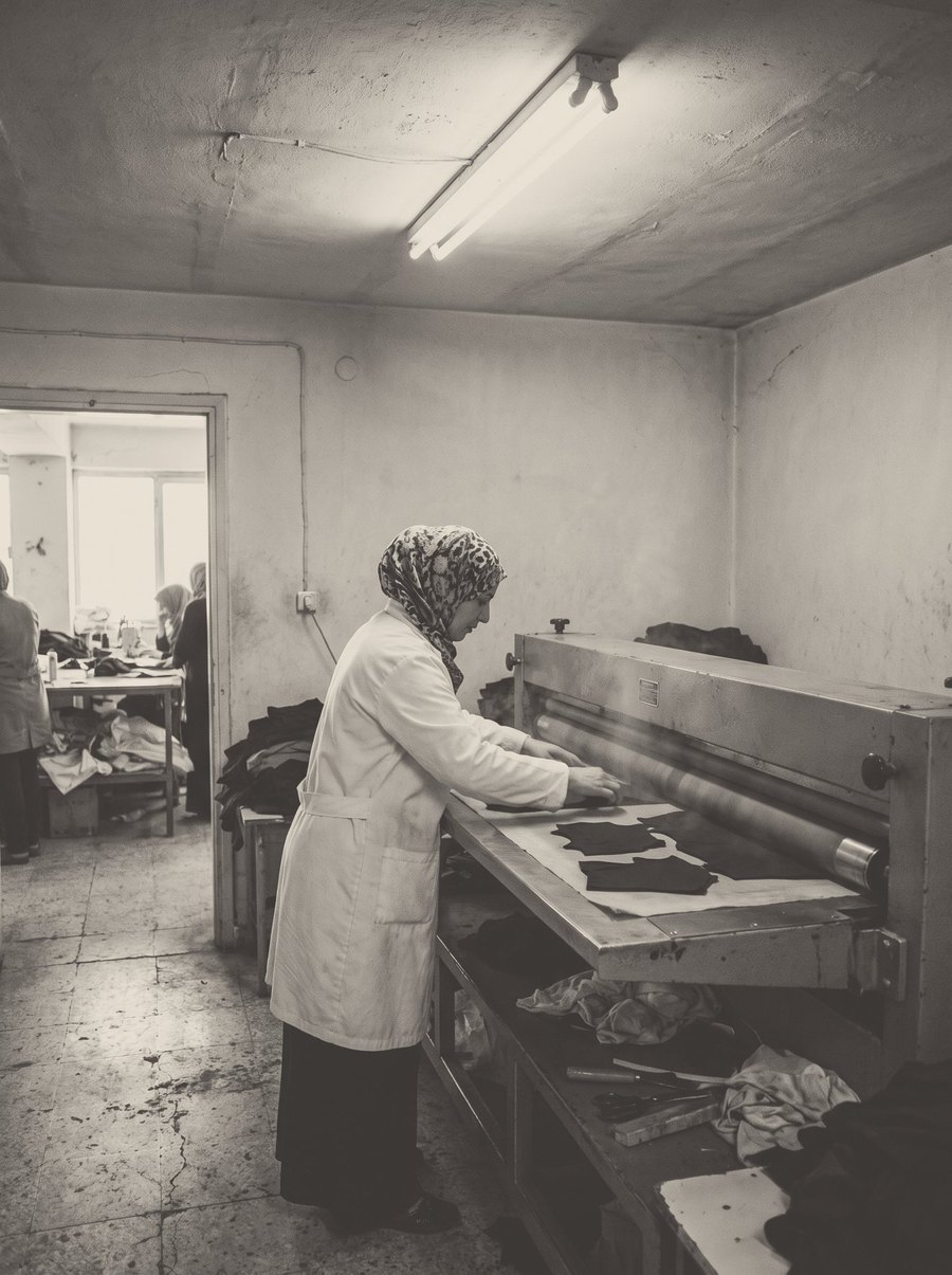 Two workers feed cut pieces through a continuous fusing press.