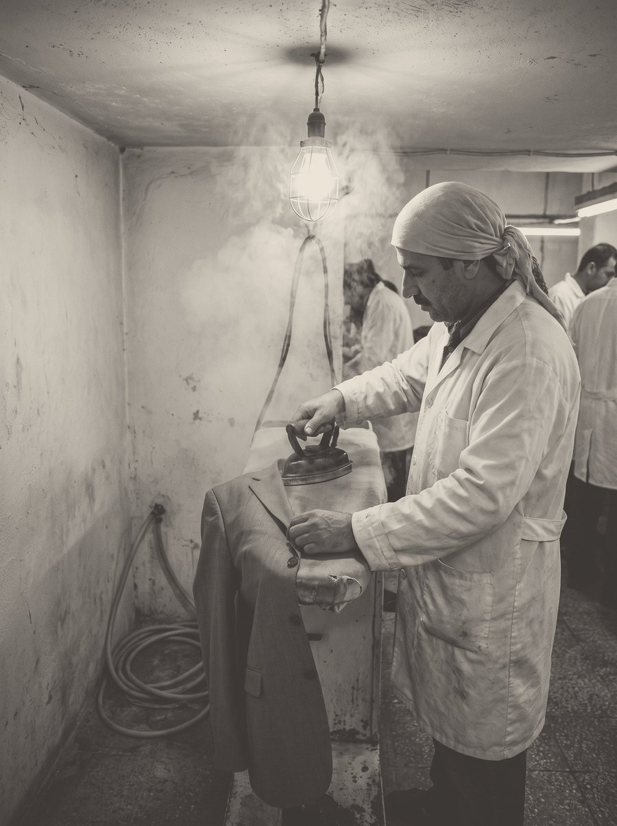 A presser works a jacket on a steam press.