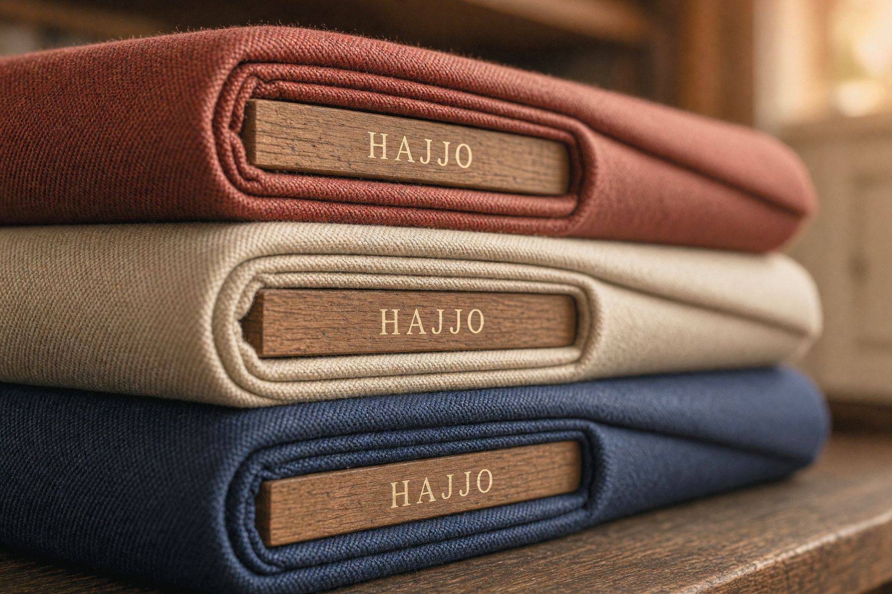 Three folded bolts of cloth, rust, sand and navy, each on a wooden board marked HAJJO.
